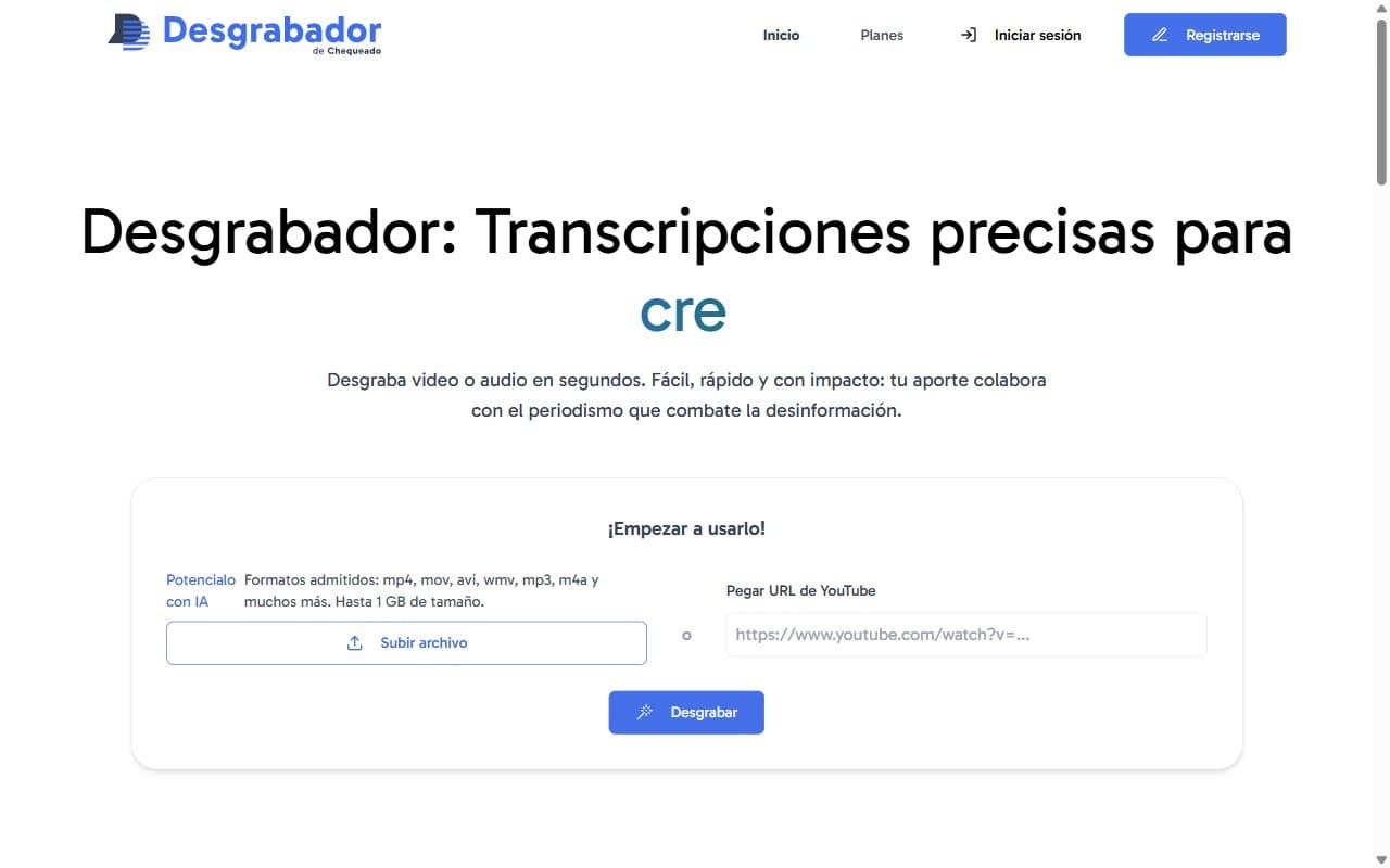 Home del Desgrabador de Chequeado: transcripciones precisas con IA